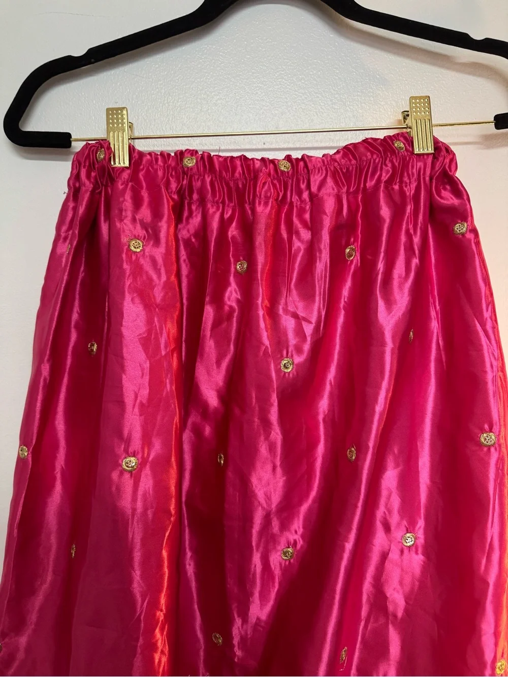 Embroidered Satin Midi Skirt in Hot Pink with Gold Accents - Picture 5 of 8